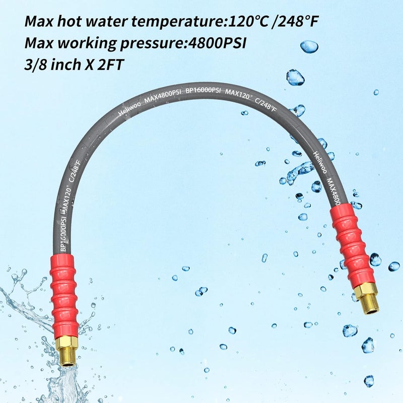 Heliwoo Pressure Washer Whip Hose 2FT, 3/8'' Hose Reel Connector for Power Washer, 248°F Hot Water Jumper with 3/8'' Quick Connect Adapter Set, Steel-Braided-4800 PSI - Image 3